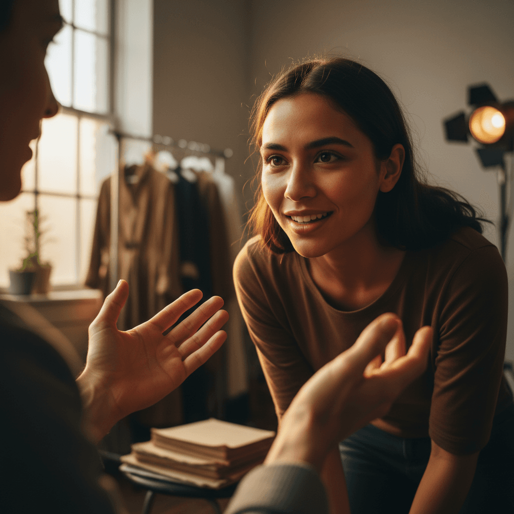 Actor practicing monologue in professional studio space