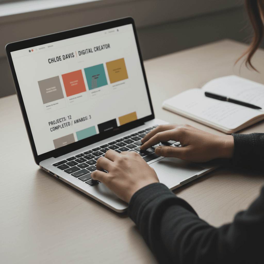 Actor building professional online portfolio on computer