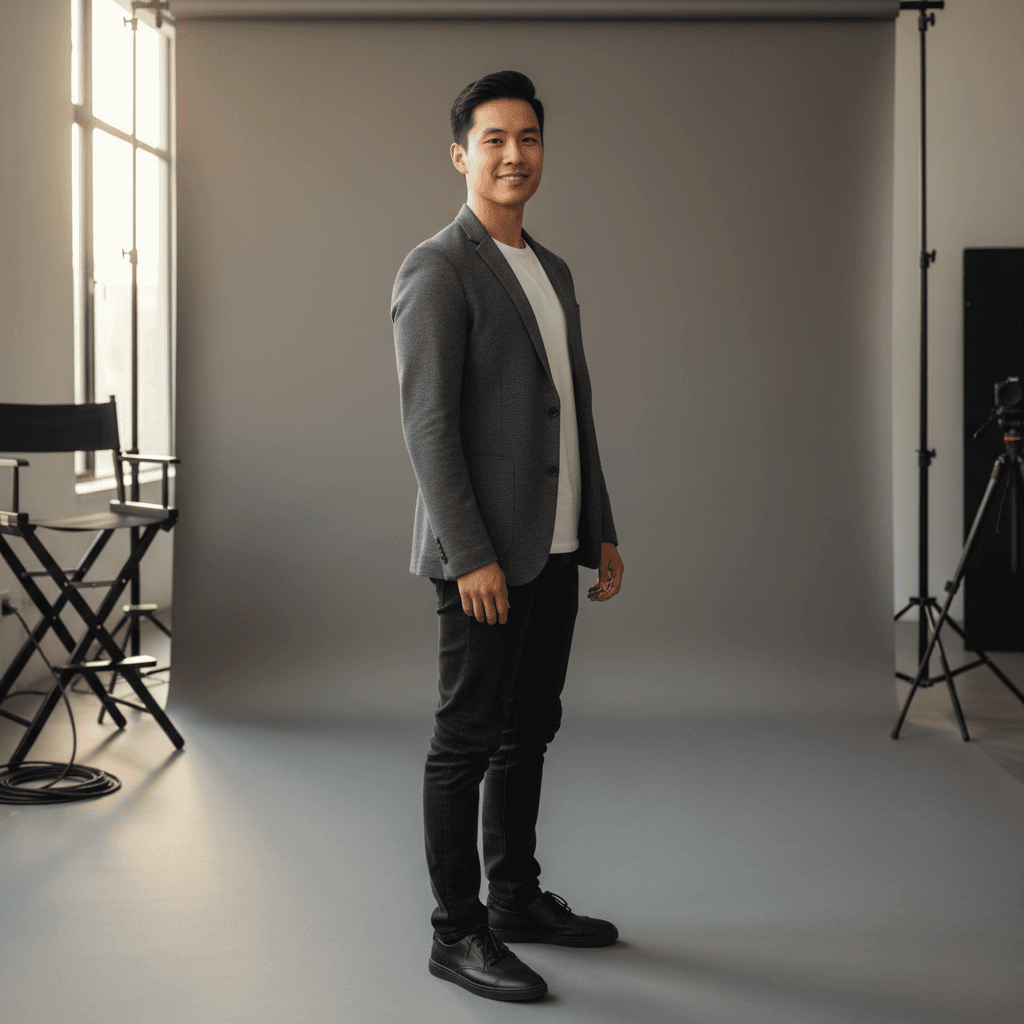 Aspiring actor in professional studio setting with warm lighting